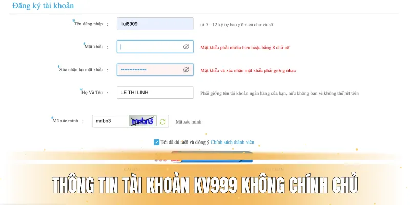 Thông tin tài khoản KV999 không chính chủ